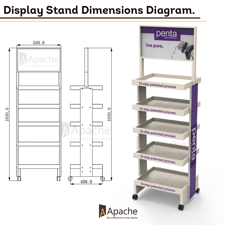 Apache Customized 5-Tier Wood Display Rack Portable Mineral Water Display Stand for Supermarkets — view 4