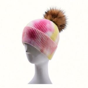Custom Embroidery Knitted Winter Acrylic <b>Tie</b> Dye Women Knitted Hats Beanie Hat With Pom Pom - Product Image 3