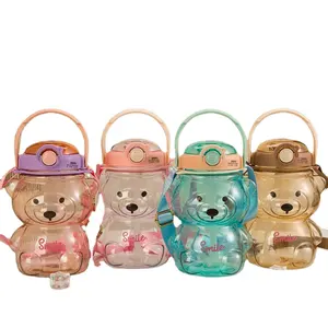 Cute Teddy Bears Shape Girlish Feeling Water Bottle With Straw Portable Plastic Cup Large 1000ML Capacity For Summer Students