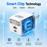 Câble de données rétractable en gros, chargeur GaN 65W double port USB A+C, charge rapide, plusieurs couleurs, prise portable pliable