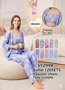 Pigiama da donna SY299R in pile a 3 pezzi, a maniche lunghe, con stampa floreale, morbido e casual, lunghezza intera, vita media con elastico - Product Image 3