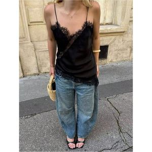 FOXA Women's Satin Lace Trim Asymmetrical Camisole Spaghetti Strap V-Neck Club Dressy <b>Silky</b> <b>Top</b> - Product Image 2