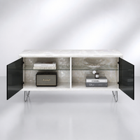 Console TV moderne de luxe, laque blanc nacré brillant, portes en verre teinté noir, pieds chromés, OEM