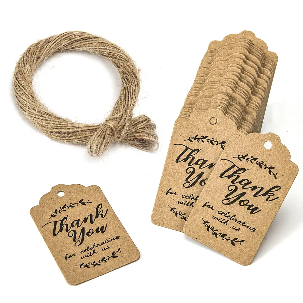 Etiquetas colgantes personalizadas para Vaqueros, etiquetas de papel Kraft, tarjeta de agradecimiento, etiquetas de embalaje de regalo para fiesta, cuerdas de hilo de yute