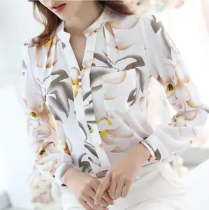 Женская шифоновая рубашка с длинным рукавом, осенняя облегающая блузка в Корейском стиле