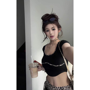 Leopard Print Suit Women's Short Set Breathable Knitted Casual Outfit Navel Exposed Summer Fashion YX-2102 - Product Image 5