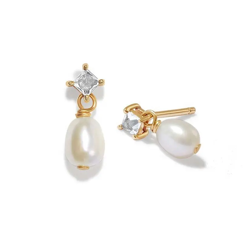 Gemnel vintage design 925 silver material square cut topaz and a luminous pearl drop stud earring for your wedding or daily life