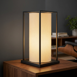 Modern Minimalist Metal <b>Table</b> <b>Lamp</b> Beige Linen Drum Shade E26 LED 3500K Warm White Adjustable <b>Base</b> Ra80 for Living Room - Product Image 4