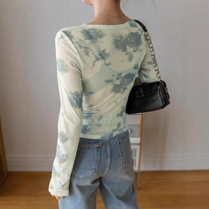 Blusa de Mujer con Estampado Floral de Malla, Cuello Redondo, Ajuste Ceñido, Translúcida, para Uso Diario, Poliéster/Algodón, Transpirable, Manga Ranglán, Casual - Product Image 2