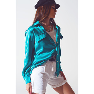 <b>Satin</b> <b>Blouse</b> in Turquoise - Product Image 4