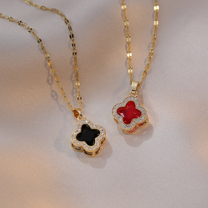 Collar con Colgante de Trébol de Cuatro Hojas de Moda, Chapado en Oro, Acero Inoxidable, Cadena de Clavícula de Cristal, Cadena de Eslabones Clásica, Forma de Flor - Product Image 4