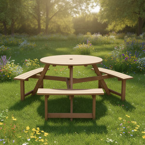 Round Wooden Picnic <b>Table</b> With Umbrella Hole 6 Person Garden Set <b>Outdoor</b> Furniture Rustic Style Solid Wood <b>Bench</b> Seating - Product Image 2