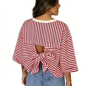 เสื้อเปิดไหล่มีโบว์ด้านหลังสำหรับผู้หญิงเสื้อคอกลมแขนสามส่วนเสื้อลำลองเสื้อยืดแฟชั่น - Product Image 1