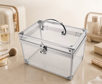 Boîte à cosmétiques portable de luxe en acrylique, transparente, avec organisateur en aluminium et étui de transport avec serrure