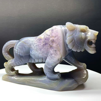 Statue sculptée en agate avec druse d'améthyste et motif tigre, artisanat en cristal pour l'art Feng Shui, la décoration et les objets de collection, cadeau
