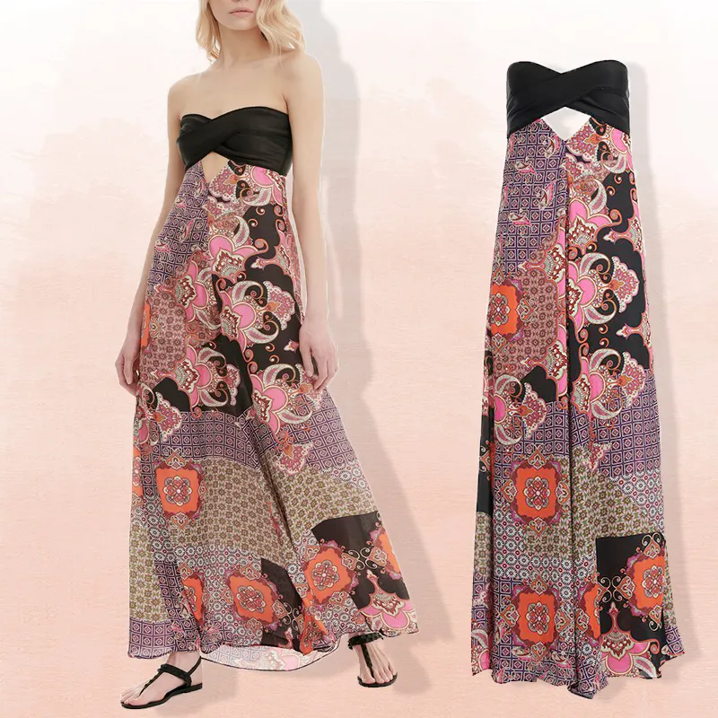 HL clothing manufacturer designer strapless long beach dress women wholesale custom printing spring floral maxi dress