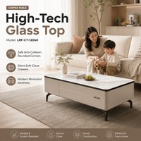 Table basse de salon familiale moderne en verre éco-responsable avec tiroir à fermeture douce sans poignée, aspect marbre, sécurité enfant, vente en gros