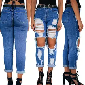 Custom Fashion Casual Baggy Mom Pants Woman Maong Pants Cotton Blue Mid Waist Wash Ripped Jeans Womens 2020