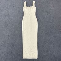 Robe de soirée élégante blanche perlée pour robes longues, col carré, unie, avec bretelles florales 3D, sans manches, pour femmes, anniversaire, bal de promo