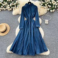 Robes longues en denim pour femmes, à col, manches longues, taille cintrée, broderies florales vintage, pour l'automne