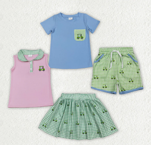 Ensembles de vêtements pour bébés garçons et filles, broderie, motif camion de golf, haut vert à carreaux, jupe-short - Product Image 1