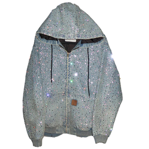 Sweats à capuche personnalisés avec strass sur toute la surface, effet délavé, fermeture éclair, OEM, sweats à capuche en coton 100% effet usé, streetwear, sweats à capuche surdimensionnés avec cristaux - Product Image 1