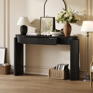 TREXM Entryway Table Natural Wood Grain Finish Oval Top 2 Drawers <b>Console</b> Table for Entryway and Living Room - Product Image 3