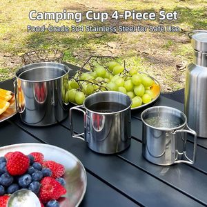 4 Piece Stainless Steel <b>Cup</b> <b>Set</b> with Foldable Handles Stackable Portable Travel Mug <b>Set</b> for Hiking Backpacking Picnic - Product Image 3