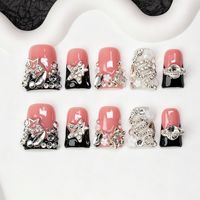 Ongles Press-on Faits Main Rose Canard Noir French Manucure Étoile 3D Strass Perle 10 Pièces Couverture Complète