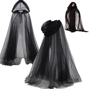 Cape à capuche en tulle noir de 1,5 m de long, costume de vampire ou sorcière pour adulte, Halloween - Product Image 2