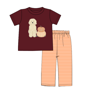 Baby Boy Autumn Clothing 2 Piece Outfits Pumpkin Dog Applique Boy Outfits Custom Fall Toddler Boy Pant Sets