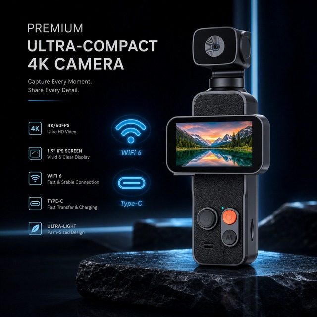 4K Handheld Camcorder Mini Pocket DV Video Recorder OV8865 Sensor WiFi Sync 1.90inch Display Type-C Charge Vlog Cam 128GB