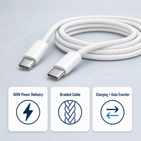Câble en nylon tressé double USB-C 60W, charge rapide PD, 1m/1,5m/2m, garantie 12 mois pour iPhone et ordinateur portable