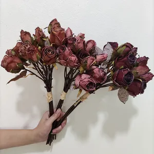 Nouveau Automne Couleur Rétro Style Roses Artificielles Bouquet Faux Soie Rose Bord Brûlé Rétro Fleurs Artificielles Pour La Décoration