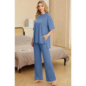 CustomWomens <b>Pajamas</b> <b>Set</b> 2 Piece Short Sleeve Top Long Pants Soft Loungewear With Pockets - Product Image 3