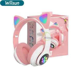 J STN-28 Headphone Telinga Kucing LED Berkedip, Headphone Nirkabel Dapat Dilipat Mendukung Kartu TF Headset BT Olahraga