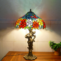 Lámpara de Mesa con Base de Resina y Estatua de Dama Estilo Retro Americano, para Sala de Estar, Hotel, Bar, Decoración con Vidrio de Colores y Flores