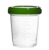 Vaso desechable de plástico para muestras de orina, contenedor estéril para recolección de muestras con tapa de rosca verde y escala.