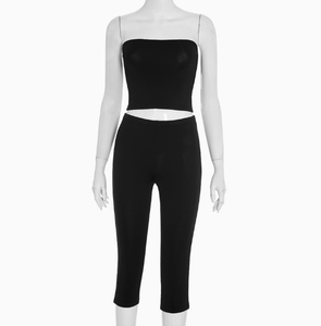 Viviblook J25ST083 Summer Outfit <b>Sexy</b> Solid Color Strapless Crop Top Elastic Waist Cropped Pants Suit 2 Piece <b>Set</b> Women Clothing - Product Image 2