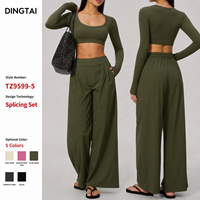 Ensemble de yoga Dingtai pour femme, haut court à col en U et manches longues, pantalon large, brossé, antidérapant, rembourré, effet ventre plat, extensible dans quatre directions, séchage rapide