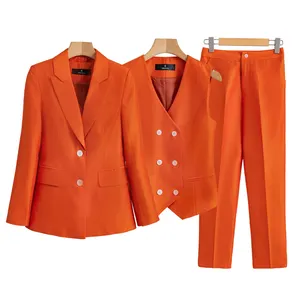 3 Pieces Set Quality Vest Pant Suit Office Ladies Work Wear for Women Female Orange Blazer Jacket with cropped Trousers