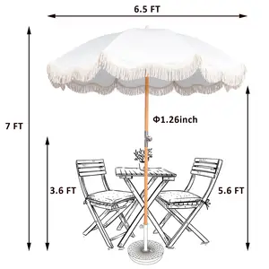 Custom Portable Wood Pole Boho Beach Parasol Luxury Fringed Beach Umbrella With Tassels