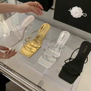 Nouvelles sandales gladiateur d'été pour femmes à talons aiguilles, bout carré ouvert, bride de cheville à boucle, bande étroite en maille - Product Image 1