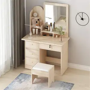 卧室多功能木制梳妆台与镜子和凳子