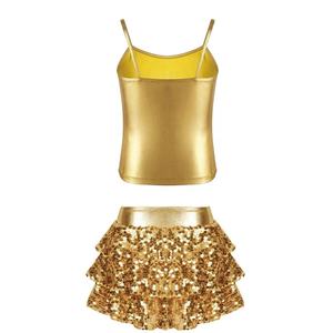 Tenue de danse pour filles de 4 à 14 ans, tenue de scène de compétition, débardeur métallique avec jupe courte à volants, culottes, fête à thème - Product Image 3