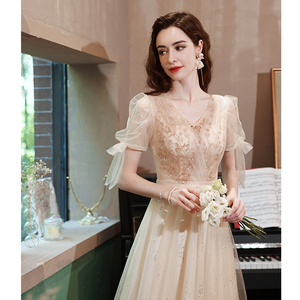 Nouveaux styles 2026, nouvelle conception 2021, robe de soirée élégante à manches bouffantes courtes, applique en dentelle organza, robe longue évasée de couleur champagne, style féerique, coupe ajustée - Product Image 2