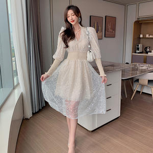 ZYHT-ropa elegante para mujer, vestidos sexys plisados informales de malla <span class=keywords><strong>transparente</strong></span> con lentejuelas y farol, 5298 - Product Image 1