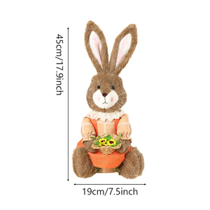 Décoration de Pâques personnalisable pour la maison, figurine de couple de lapins en peluche rustique, ensemble de lapins en peluche marron avec panier de tournesols et carotte - Product Image 2