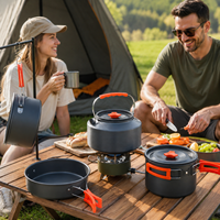 Ensemble de cuisine de camping compact 5 pièces en aluminium anodisé dur antiadhésif, personnalisable OEM/ODM, avec bouilloire, marmite suspendue et poêle à frire