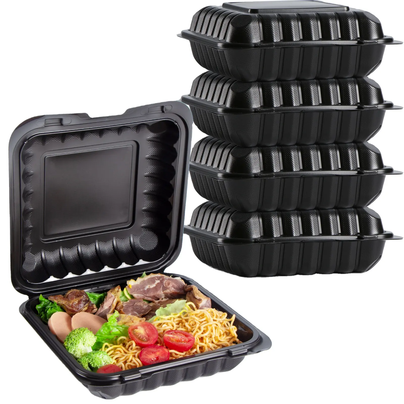 Clamshell descartável mfpp preto dobradiça tirar caixa de comida 3 compartimentos togo recipientes de comida para hambúrguer restaurante